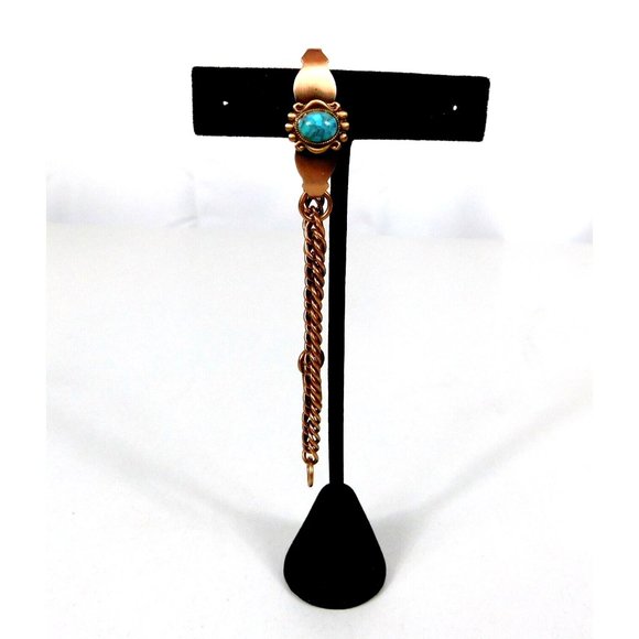 Copper Color Womens Bracelet Curved Center Faux Turquoise Bead 7 - 7 1/8 Inches - Picture 7 of 9